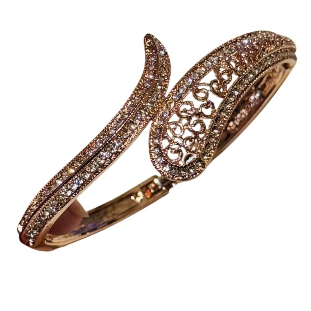 18K Rose Gold Plated Bridal Bracelet Crystal Bangle Glitz Ornate High‎ End Sz 7